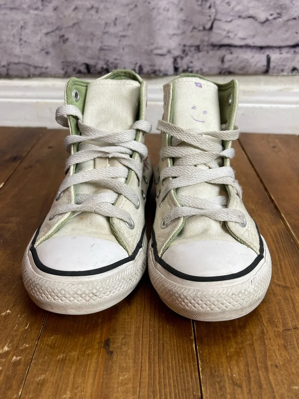 Converse kids size 12 cream colored strawberry embroidered high top sneakers